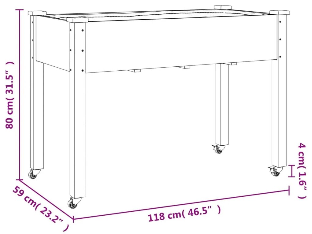 szürke tömör fenyőfa kerekes ültetőláda béléssel 118x59x80 cm
