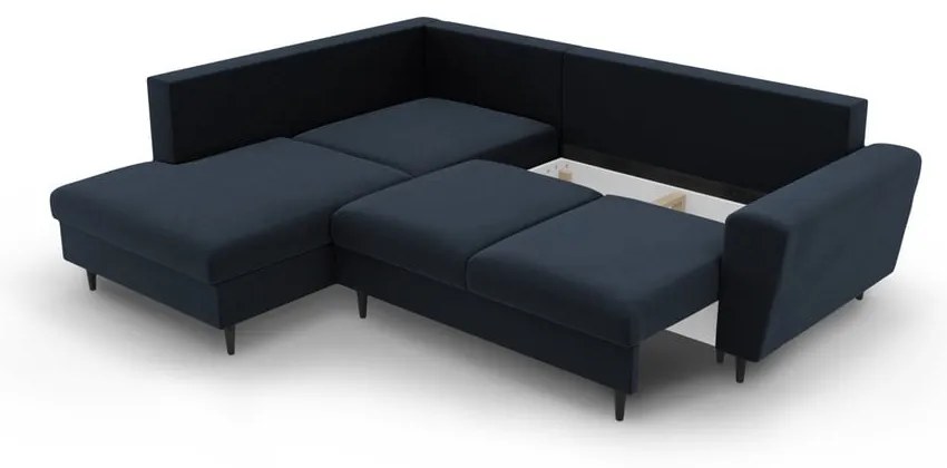 Sötétkék bársony kinyitható tárolóhelyes sarokkanapé (bal oldali-L alakú) Kyoto – Cosmopolitan Design