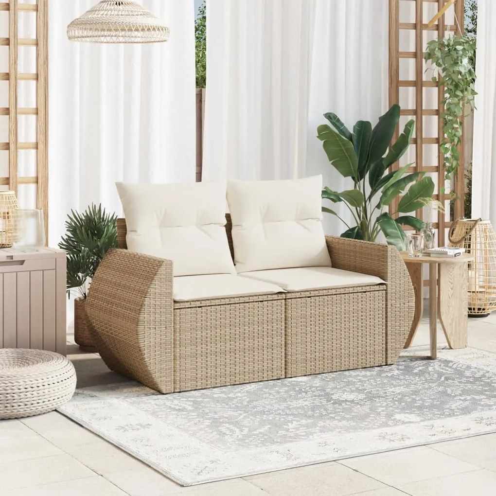 2 személyes bézs polyrattan kerti kanapé párnával