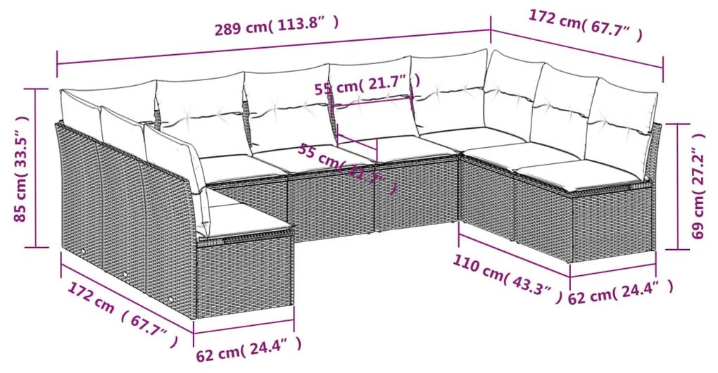 9 részes barna polyrattan kerti ülőgarnitúra párnákkal