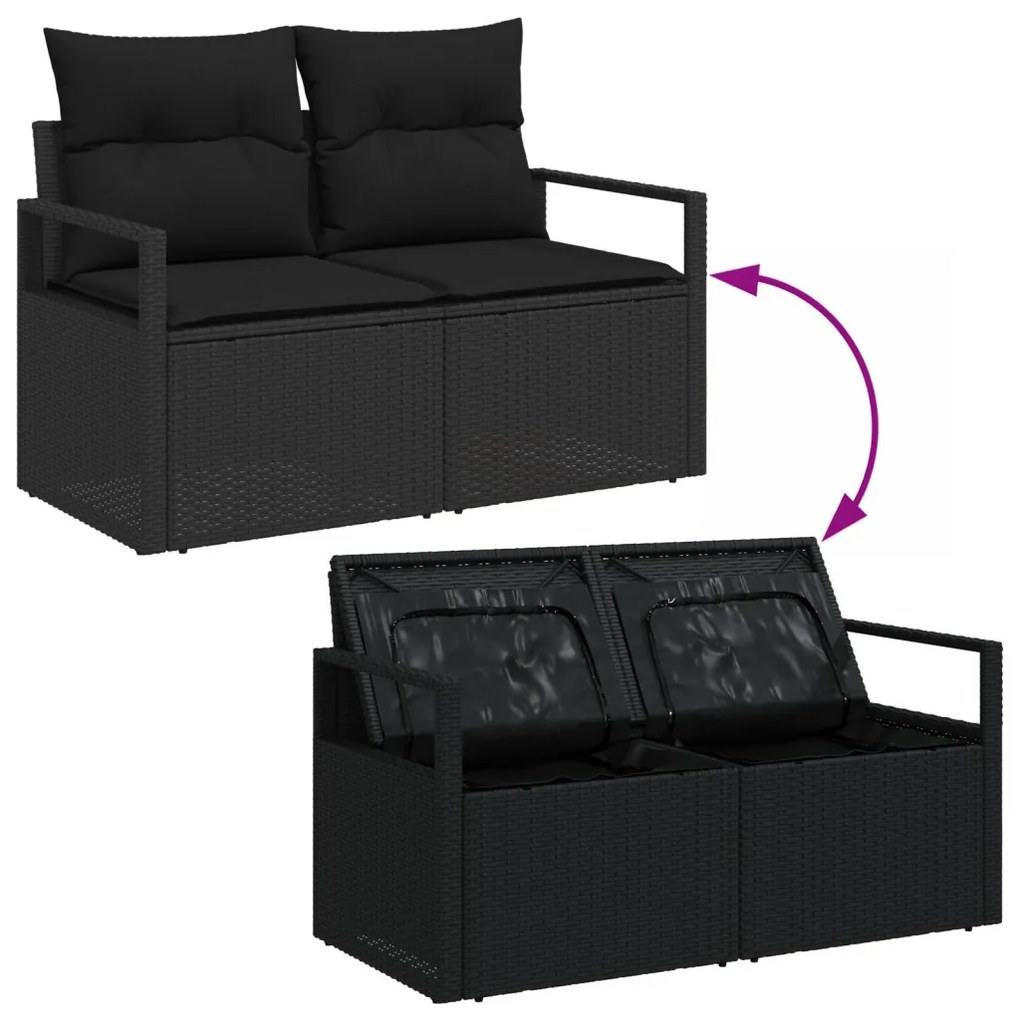 6 darabos kertikápolna szett párnákkal Fekete Poli rattan Akácia, 2 személyes kertikápolna tárolóval és párnákkal Fekete Poli rattan