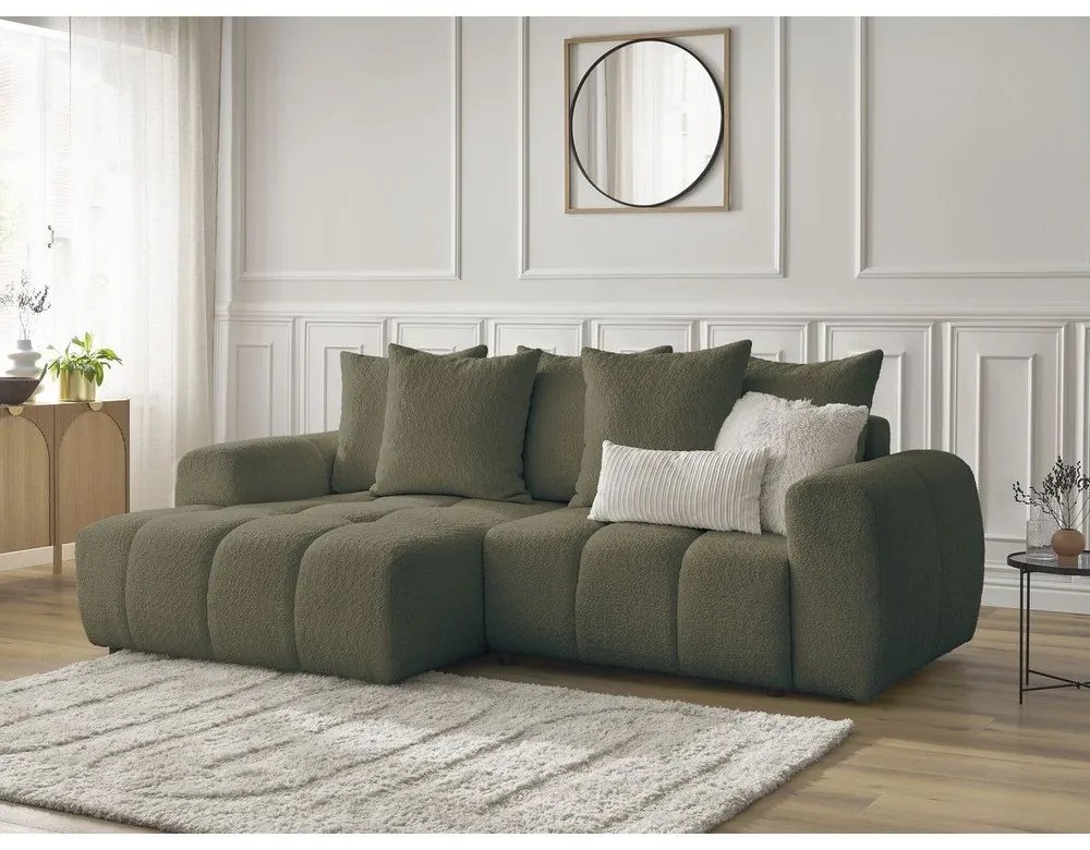 Khaki buklé kinyitható-tárolóhelyes sarokkanapé (bal oldali-heverő résszel) Roxelane – Bobochic Paris