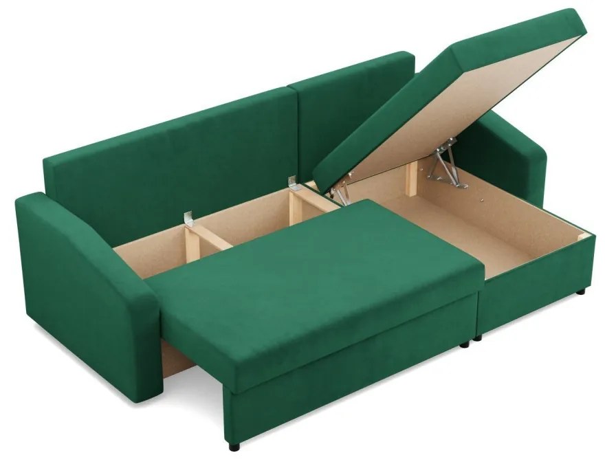 Zeus sarokkanapé, 2 ágyneműtartóval, döntött kartámasz, bársony, univerzális oldal, bonell töltet, zöld