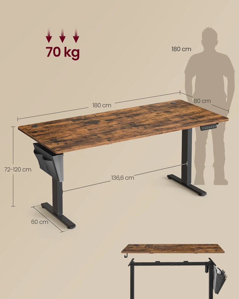 Magasságállítható elektromos íróasztal memóriafunkcióval 180 x 80 cm, vintage barna