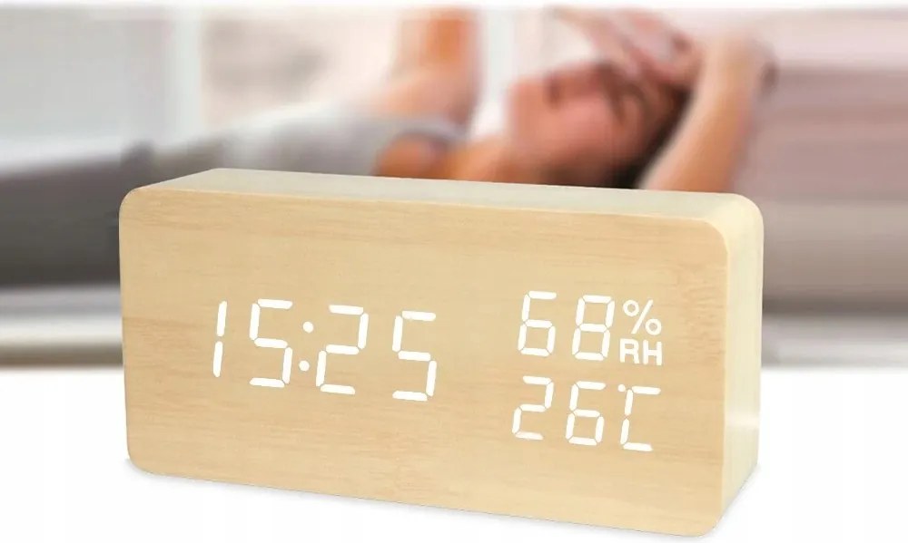 Digitális ébresztőóra hőmérővel és páratartalom-mérővel - VERK - USB - fa dekoráció