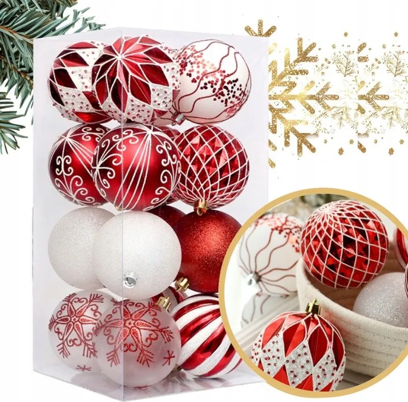 Ecarla gömb szett fehér-piros csillámos nagy 16db BSN57