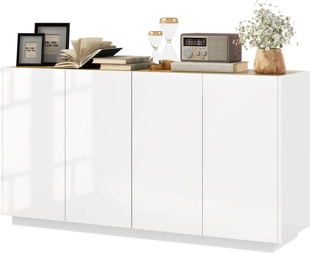 HOMCOM Étkezőbuffet, Konyhai Buffet, 4 Lágyan Záródó Ajtóval és Állítható Polcokkal, 140 x 40 x 75 cm, Fényes Fehér | Aosom