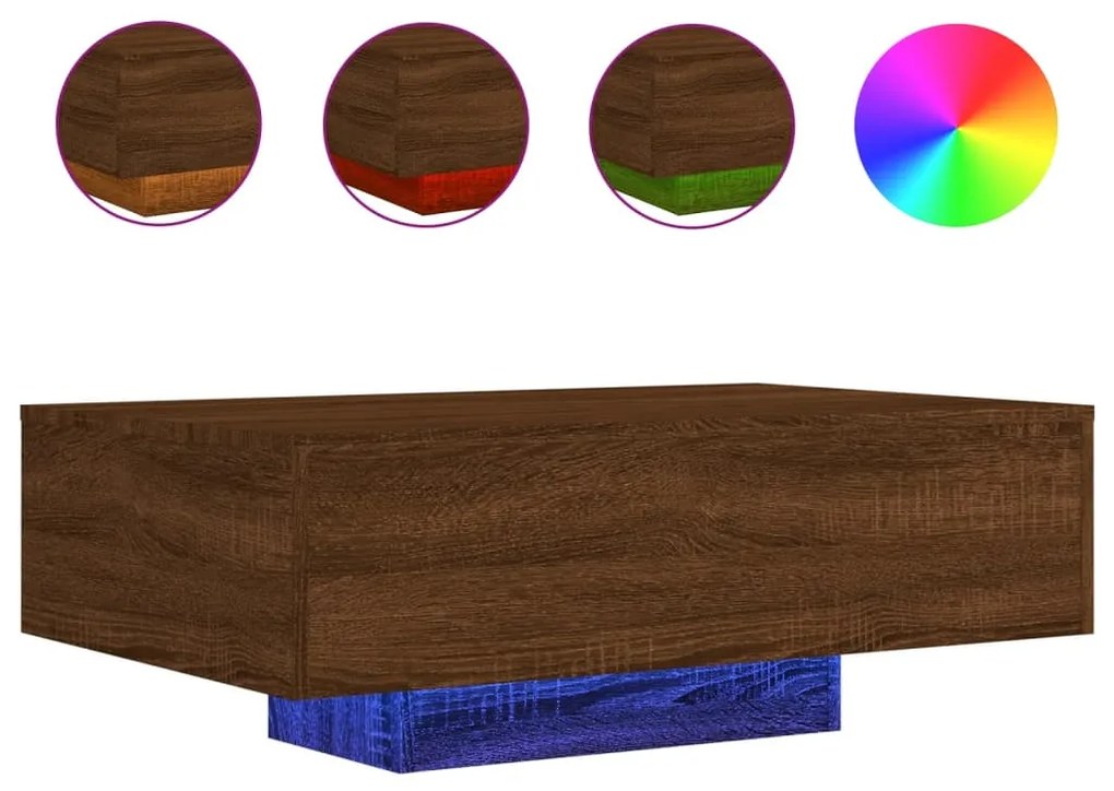 Barna tölgyszínű dohányzóasztal LED-lámpákkal 85 x 55 x 31 cm