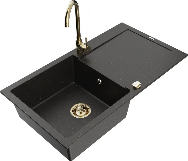 Mexen Leo 1 rekeszes gránit mosogató lefolyóval és Telma konyhai csapteleppel, fekete/arany metál - 6501-75-670200-50