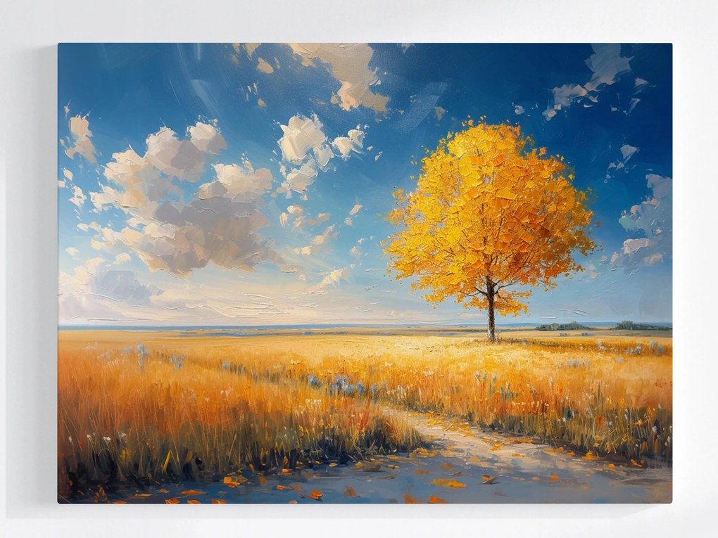 Vászonkép Canvas Arany Ősz Magányos Fa Rét Tájkép 100x75
