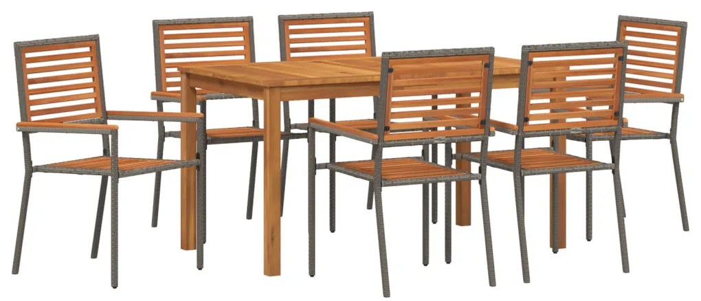 7 darabos kerti étkezőszett szürke poli rattan akáciából, Zsákrakásos kerti szék párnázattal 2 db szürke poli rattan