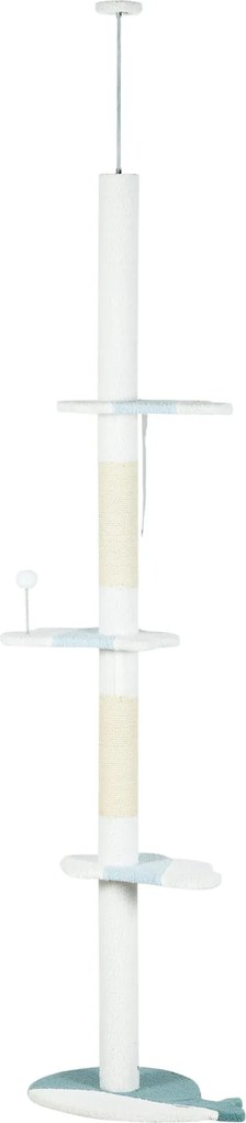 PawHut Mennyezeti Macska Kaparóoszlop, Állítható Polccal 225-255 cm-ig, Labdával, Platformokkal és Bálna Alakú Alappal, Fehér | Aosom