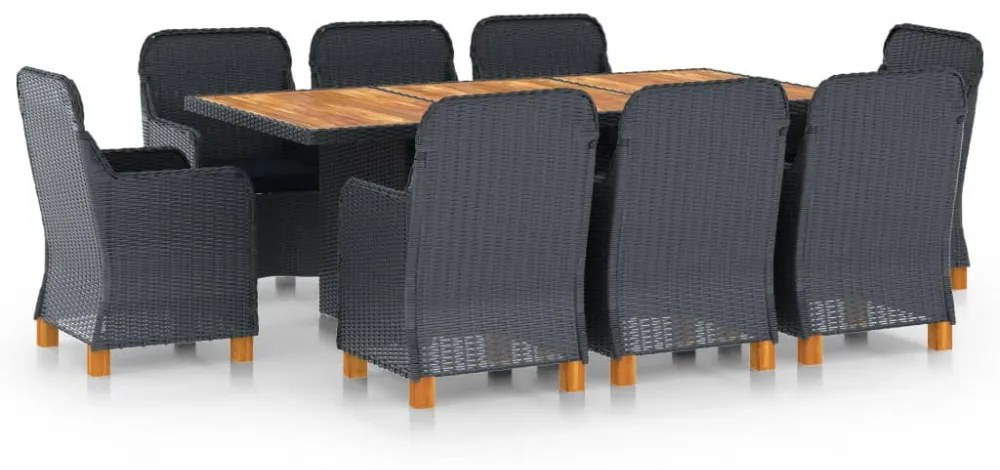 vidaXL 9 részes sötétszürke polyrattan kültéri étkezőszett párnákkal