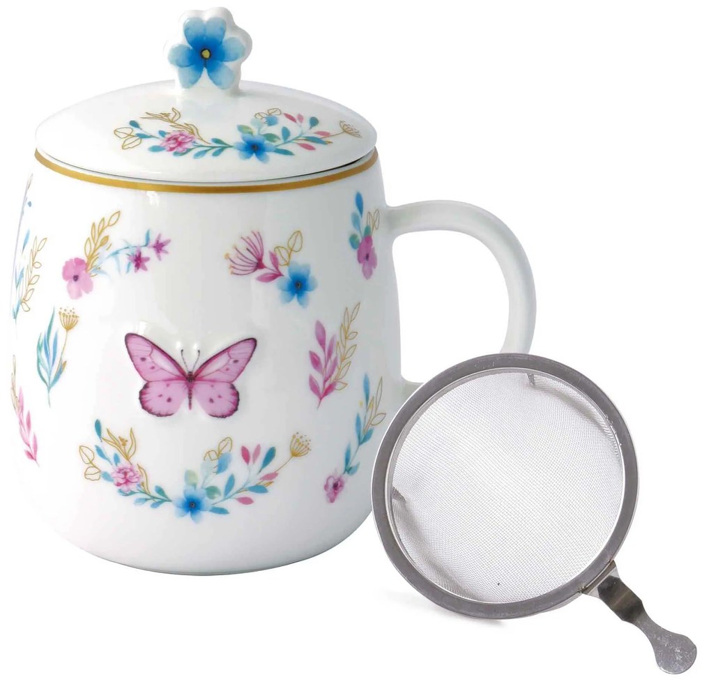 Porcelán teás bögre szűrővel és tetővel díszdobozban Fancy Garden / Pillangó