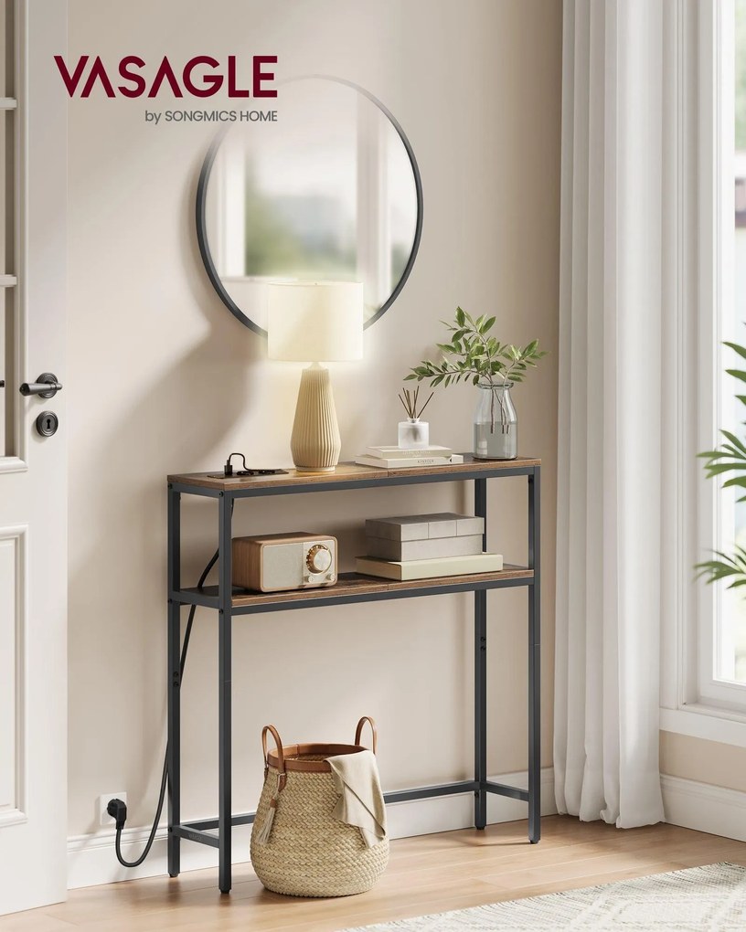 VASAGLE Konzolasztal, Keskeny Kanapé Asztal 2 Polccal, 20 x 80 x 80 cm, Vintage Barna