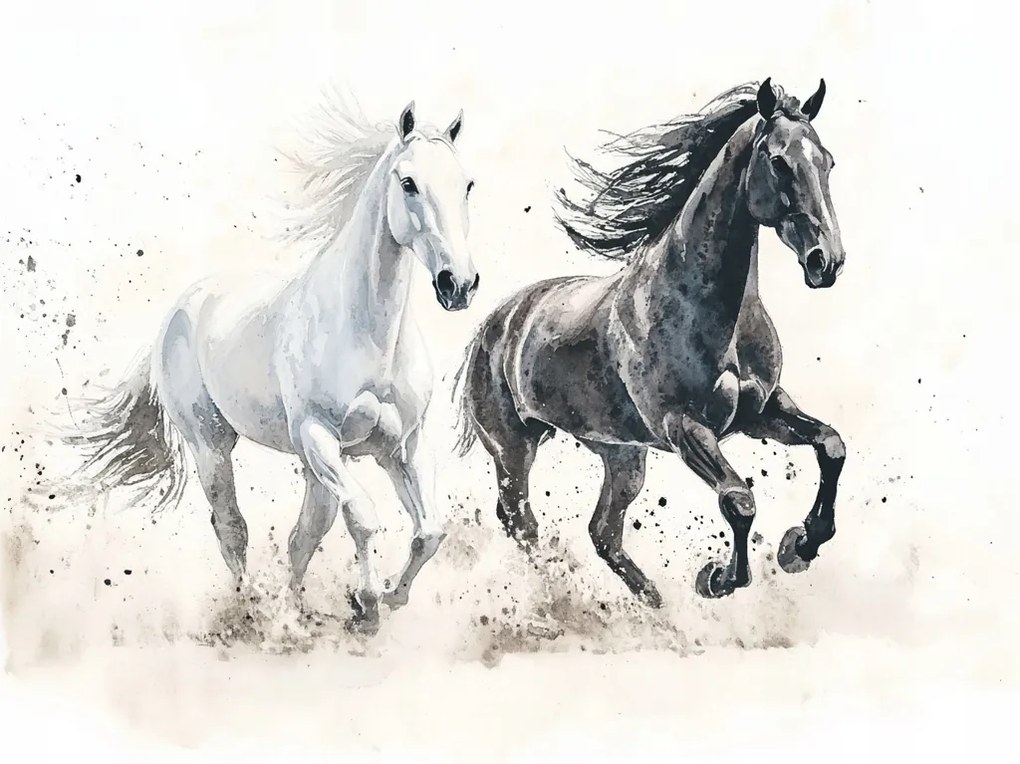 Canvas Vászonkép Akvarell Ló Fehér Fekete Galopp Feszes 40x40