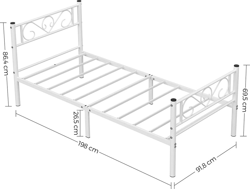 Egyszemélyes ágykeret, fém ágykeret, fehér