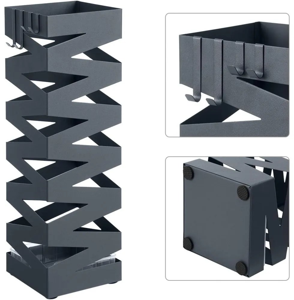 Esernyőtartó négyzet alakú, akasztókkal, antracit szürke 15x15x49cm