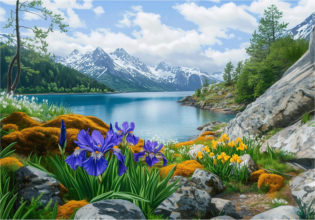 Fotótapéta Hegyek perspektívája Tó virágok fenség vinil 254x184 +ragasztó