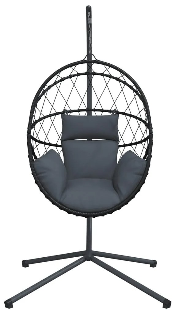 antracitszürke rattan és acél függő kagylószék állvánnyal