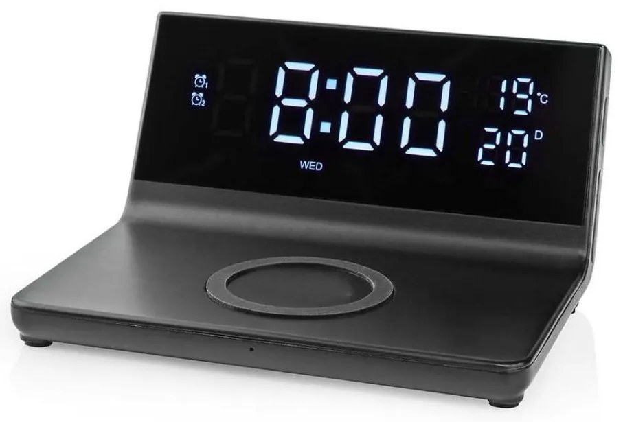 Nedis WCACQ20BK - Ébresztőóra LCD kijelzővel és vezeték nélküli töltő 15W/5V fekete