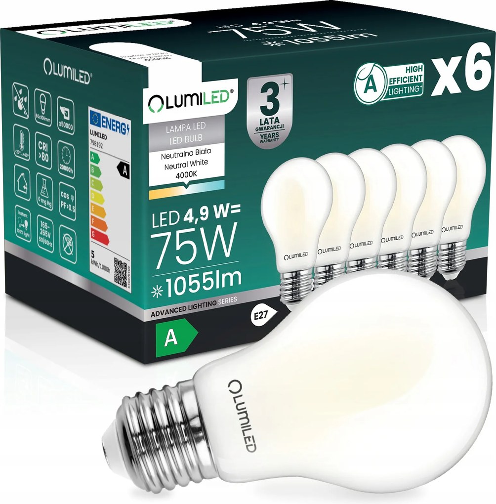 6x Led Izzó E27 Filament A Osztály 4,9W 1055LM 75W 4000K 360° Lumiled
