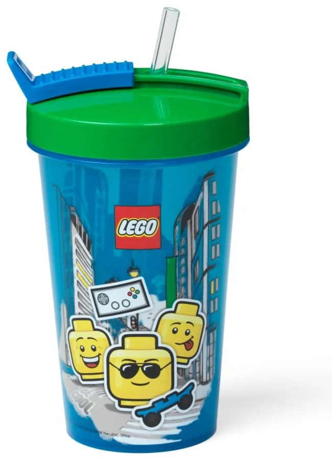 Iconic kék pohár zöld fedéllel és szívószállal, 500 ml - LEGO®