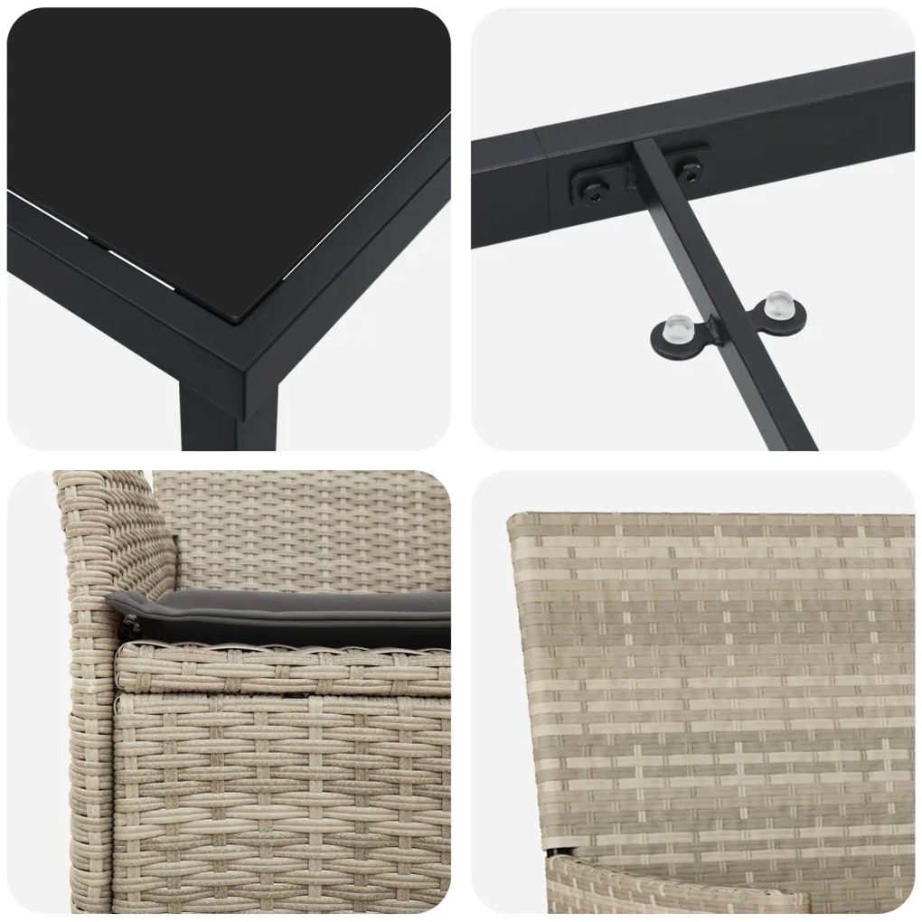5 Darabos Kerti Étkezőszett Párnákkal Világosszürke Poli Rattan, Kerti Asztal Fekete 80x80x73 cm Edzett Üveg