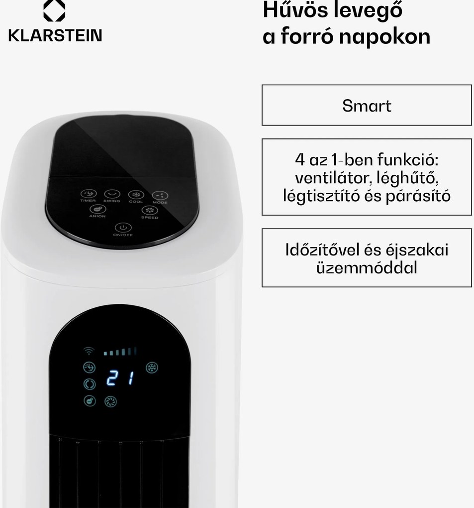 Klarstein Polar Tower Smart, ventilátor, léghűtő, 7L, 85W, távirányító, 5x hűtődoboz