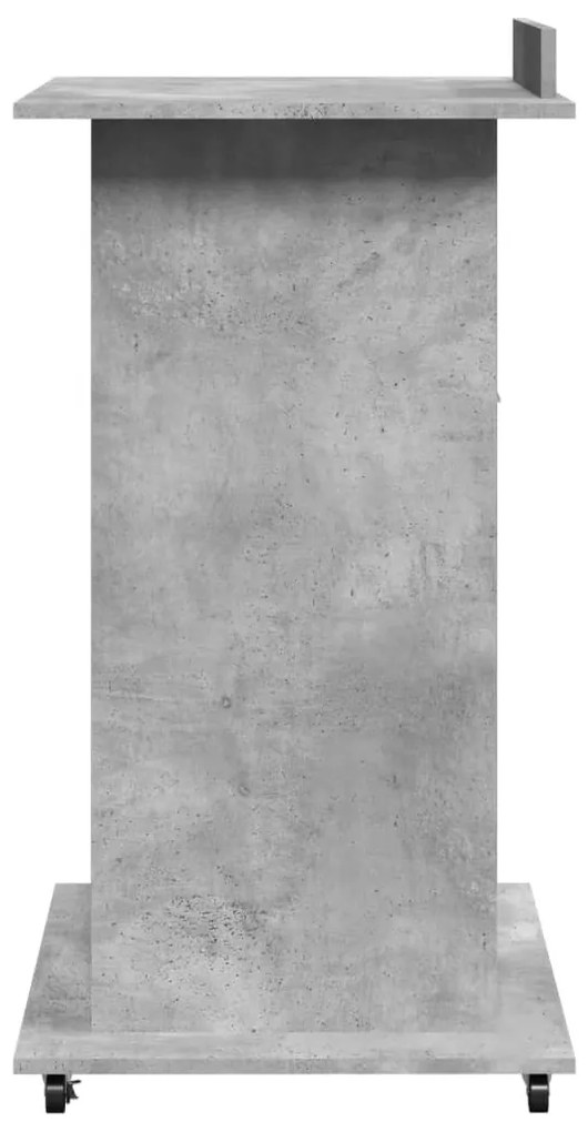 betonszürke szerelt fa állópult kerékkel és fiókkal 55x55x107cm