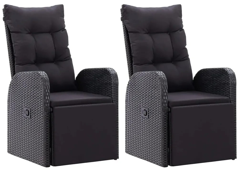 2 db fekete polyrattan dönthető kerti szék párnával