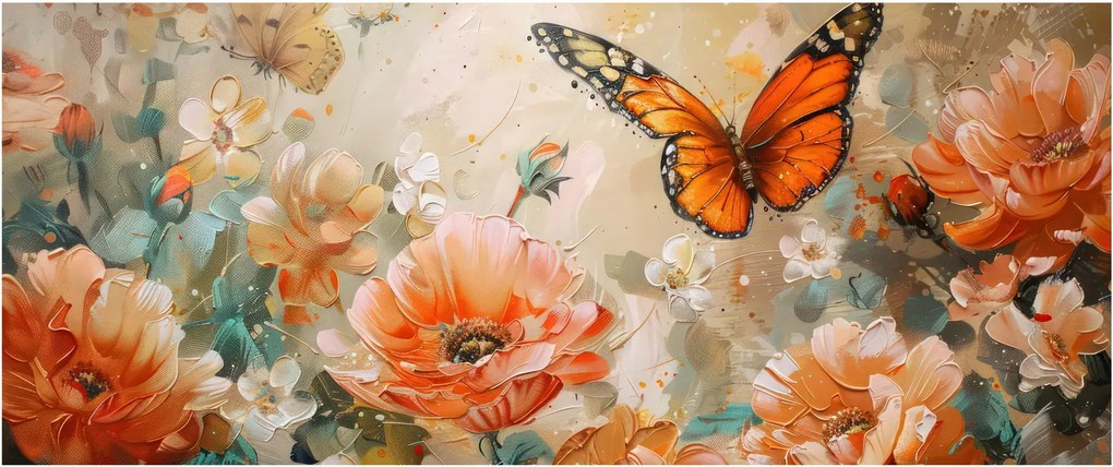 Kép - Pillangó és virágok, olajfestmény (120x50 cm)