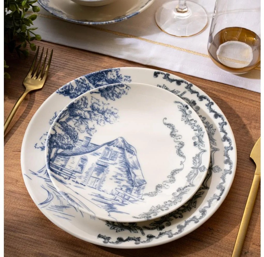 24 darabos étkészlet, fehér/kék, porcelán