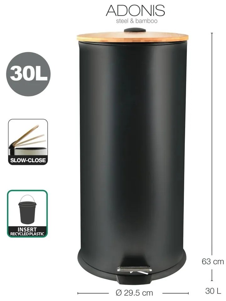 Matt fekete acél pedálos szemetes 30 l Adonis – Spirella