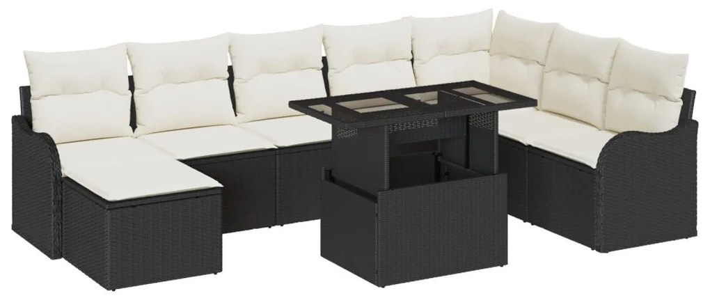 9 Darabos Kerti Sofa Szett Párnákkal Fekete Poly Rattan, 2-Személyes Kerti Sofa Tárolóval és Párnákkal Fekete Poly Rattan