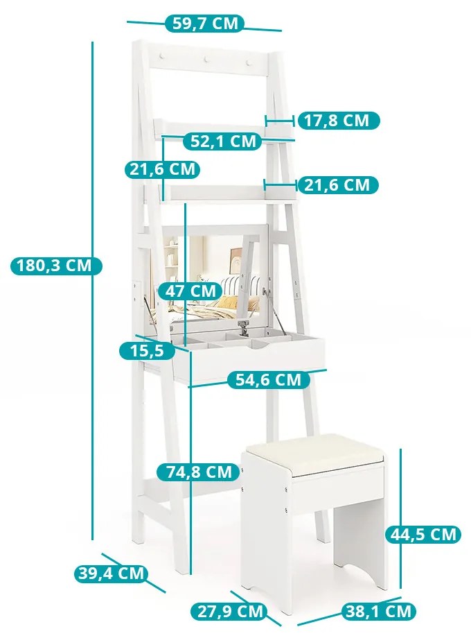 2 polcos keskeny sminkasztal székkel, 60 x 40 x 180 cm