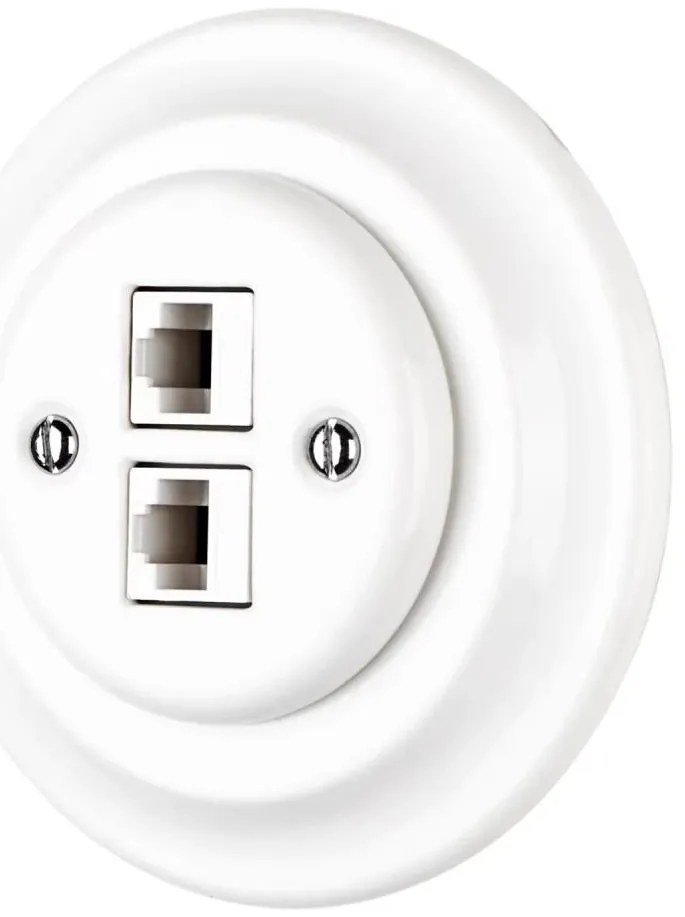Bohemia-Design - Retro stílusú porcelán ethernet aljzat kerettel, 2x CAT.5E, fehér