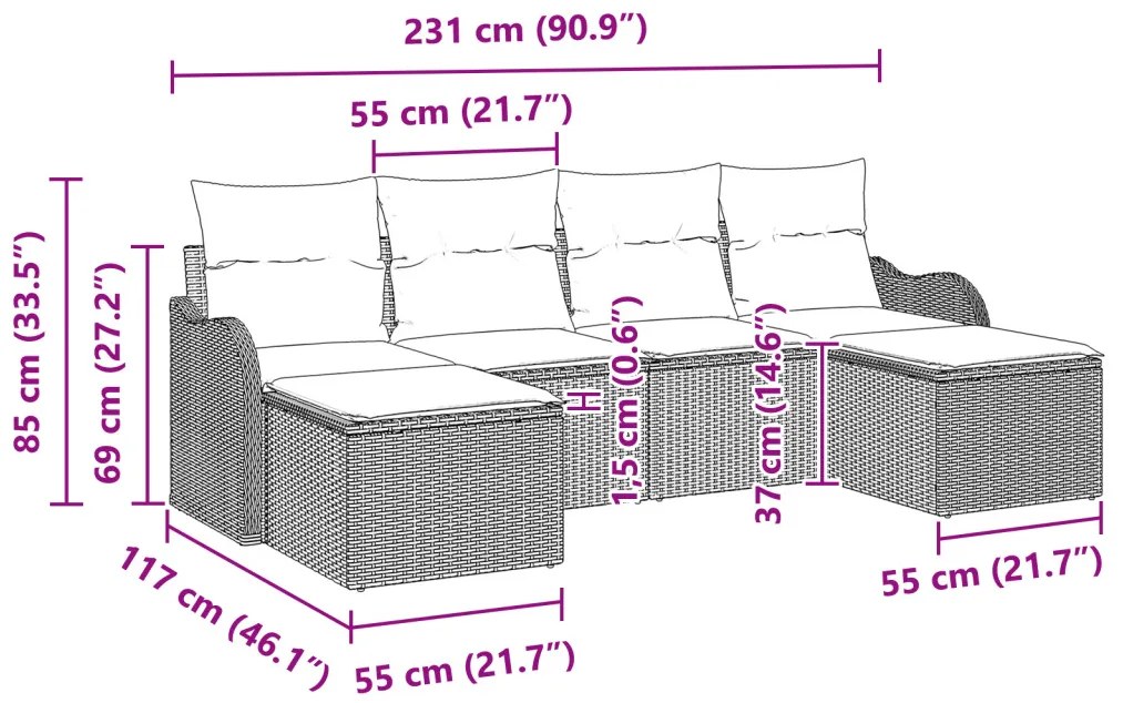 6 darabos kertibútor szett párnával Barna Poli Rattan, 2 férőhelyes kertibútor párnával Barna Poli Rattan