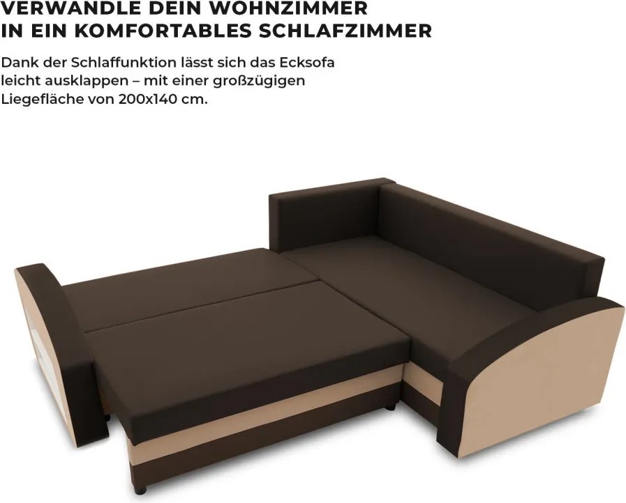 Grande sarokkanapé polcokkal , polc a bal karfaban, jobboldali, szövet anyag, hab töltet, barna