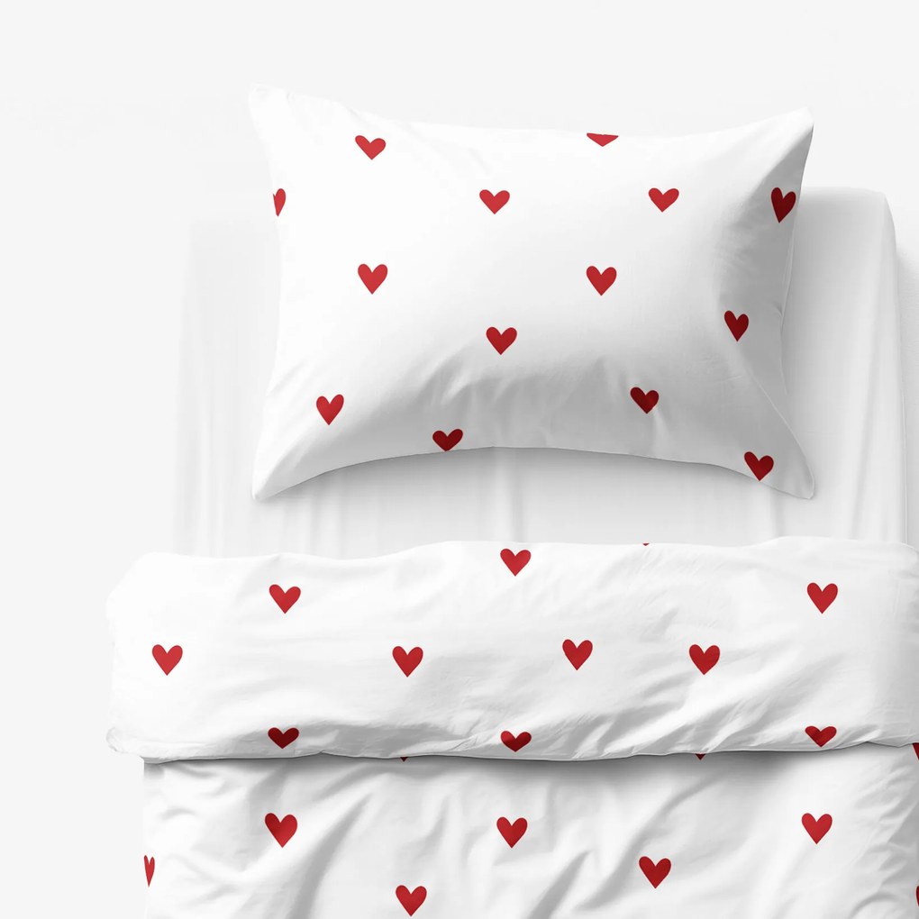 Goldea gyermek pamut ágyneműhuzat - piros szívecskék, fehér alapon 150 x 200 és 50 x 60 cm