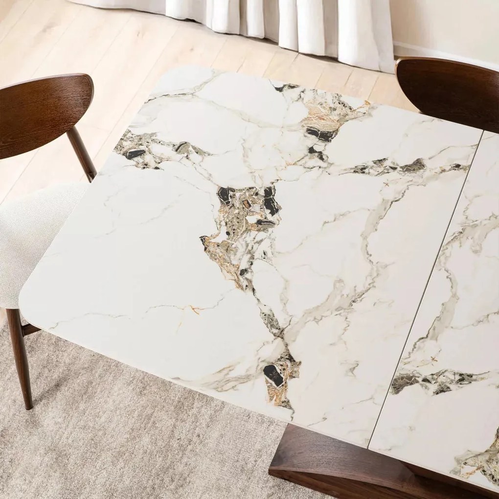 Bővíthető márványhatású kerámia étkezőasztal fehér/dió színben, ALICANTE 160–200 cm