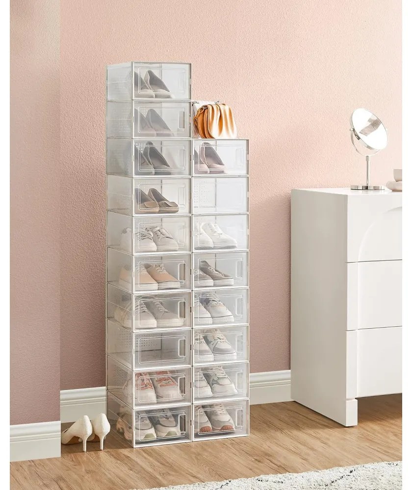 Cipőtároló doboz, egymásra rakható műanyag tároló 18db, átlátszó 33 x 23 x 14cm
