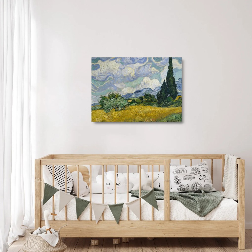 Üveg kép - Vincent van Gogh, Wheat Field with Cypresses, reprodukciók (70x50 cm)