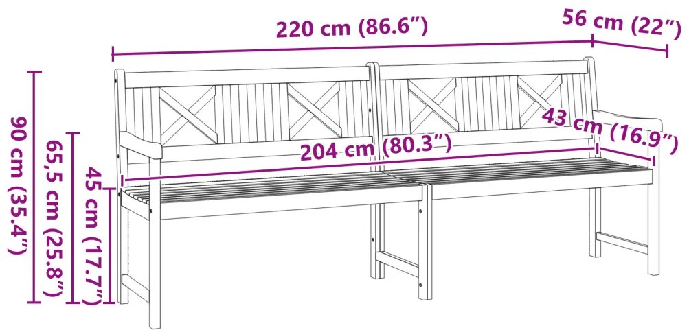 Kerti Pad 220x56x90 cm Tömör Fa Akác