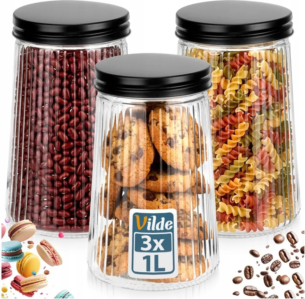 3x Fekete konyhai üvegedény ömlesztett termékekhez légmentesen záródó 1L