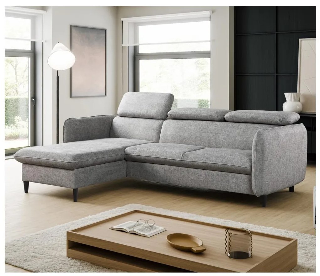 NISA L-alakú, kihúzható sarokkanapé tárolóval, szürke, balos