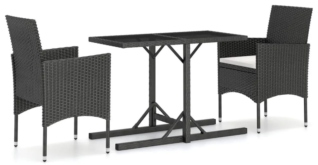 3 részes fekete polyrattan és edzett üveg kerti étkezőszett