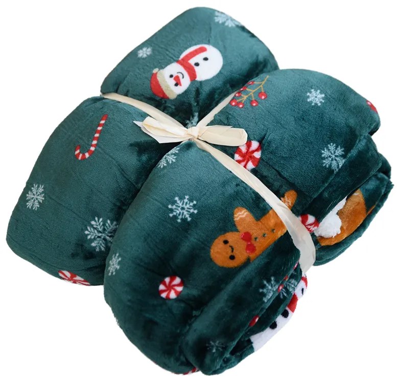 SNOWMAN AND GINGERBREAD karácsonyi sötétzöld mikroplüss báránytakaró Méret: 200 x 220 cm