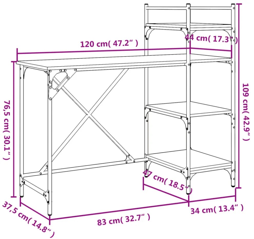 füstös tölgy színű számítógépasztal polcokkal 120x47x109 cm
