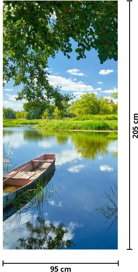 Fotótapéta ajtóra - Nyári folyó csónakkal (95x205cm)